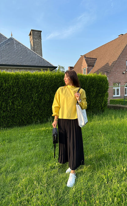 High Collar Long Sleeve Blouse With Side Slit in Oil Green