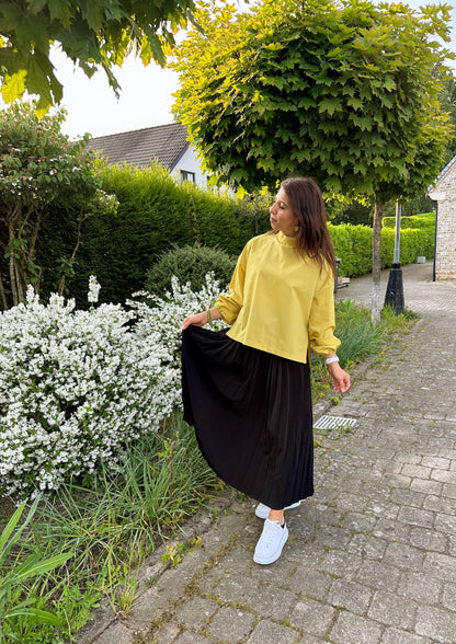 High Collar Long Sleeve Blouse With Side Slit in Oil Green