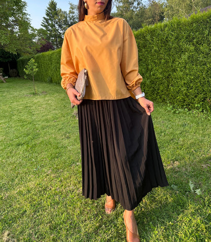 High Collar Long Sleeve Blouse With Side Slit in Mango collor