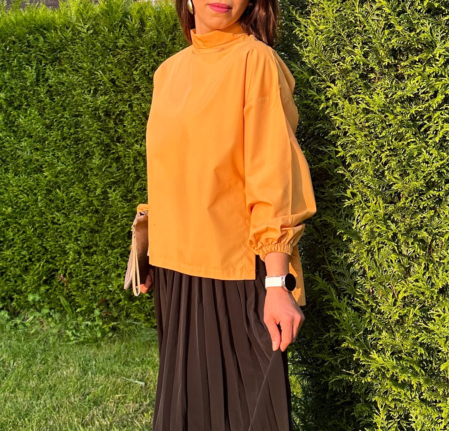 High Collar Long Sleeve Blouse With Side Slit in Mango collor