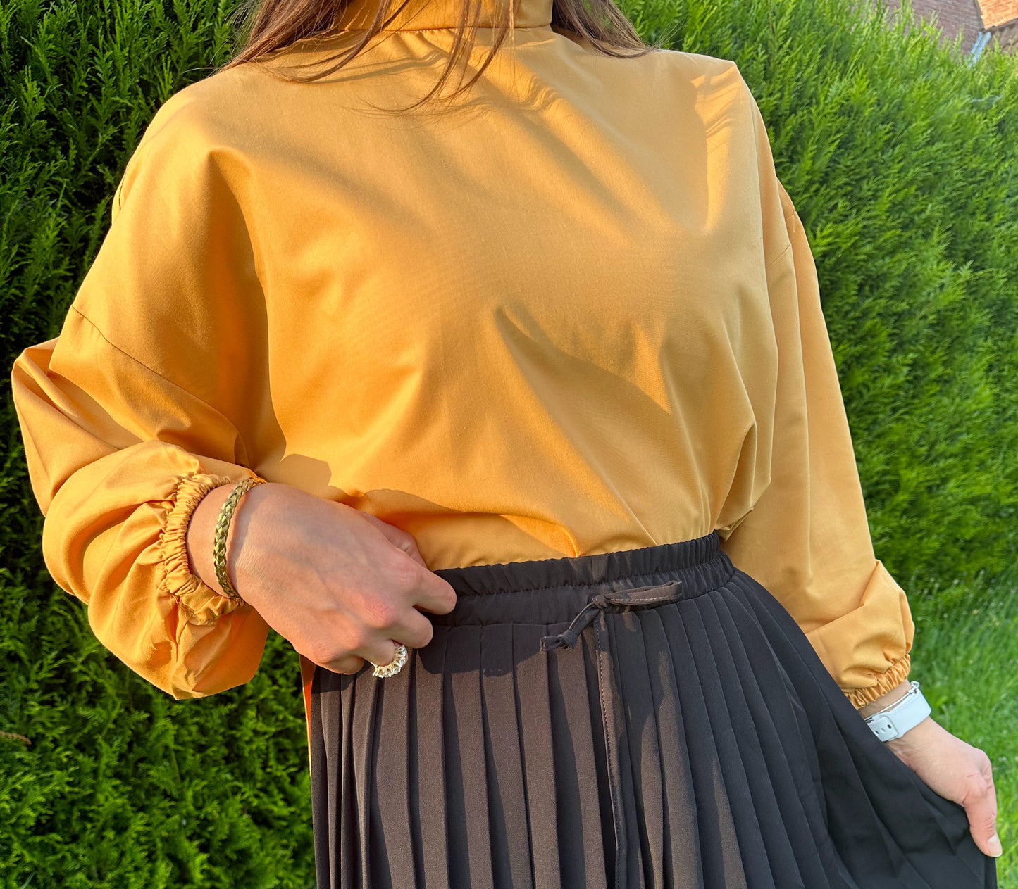 High Collar Long Sleeve Blouse With Side Slit in Mango collor