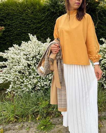 High Collar Long Sleeve Blouse With Side Slit in Mango collor