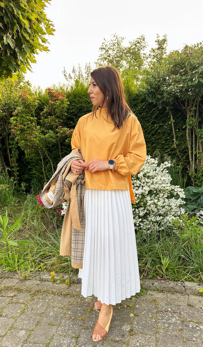 High Collar Long Sleeve Blouse With Side Slit in Mango collor