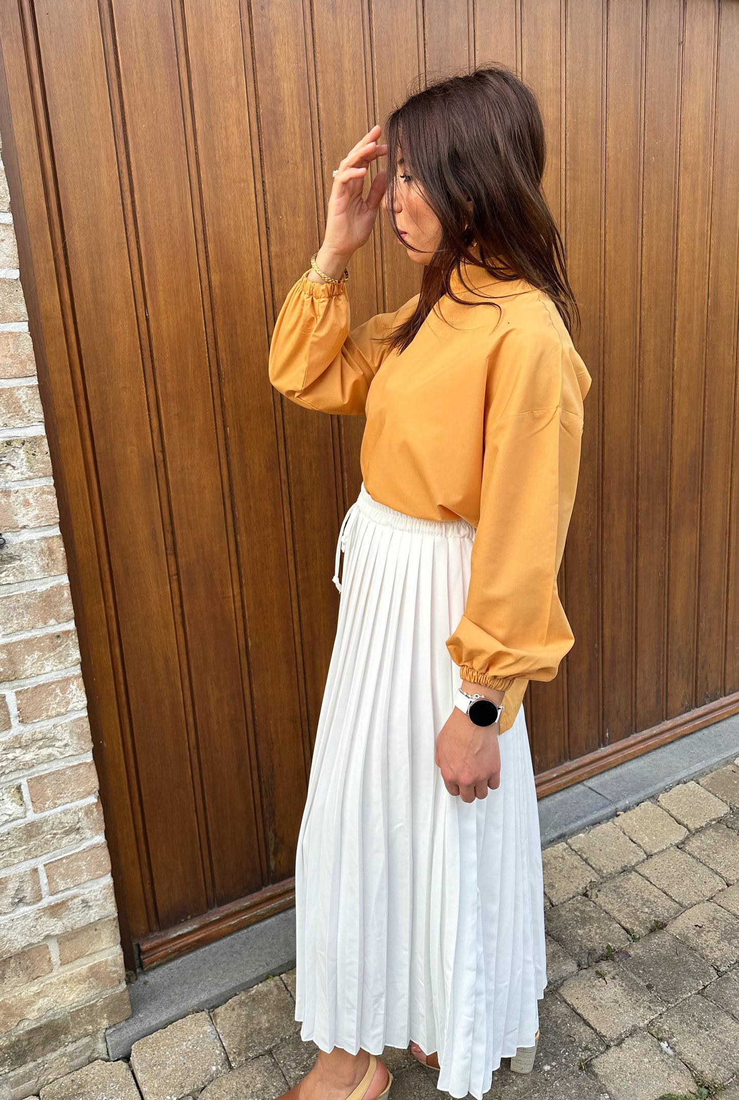 High Collar Long Sleeve Blouse With Side Slit in Mango collor