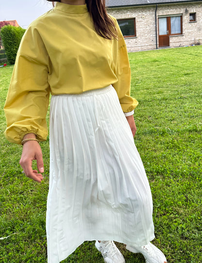 High Collar Long Sleeve Blouse With Side Slit in Oil Green