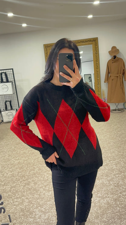 Argyle trui oversized - zwart en rood