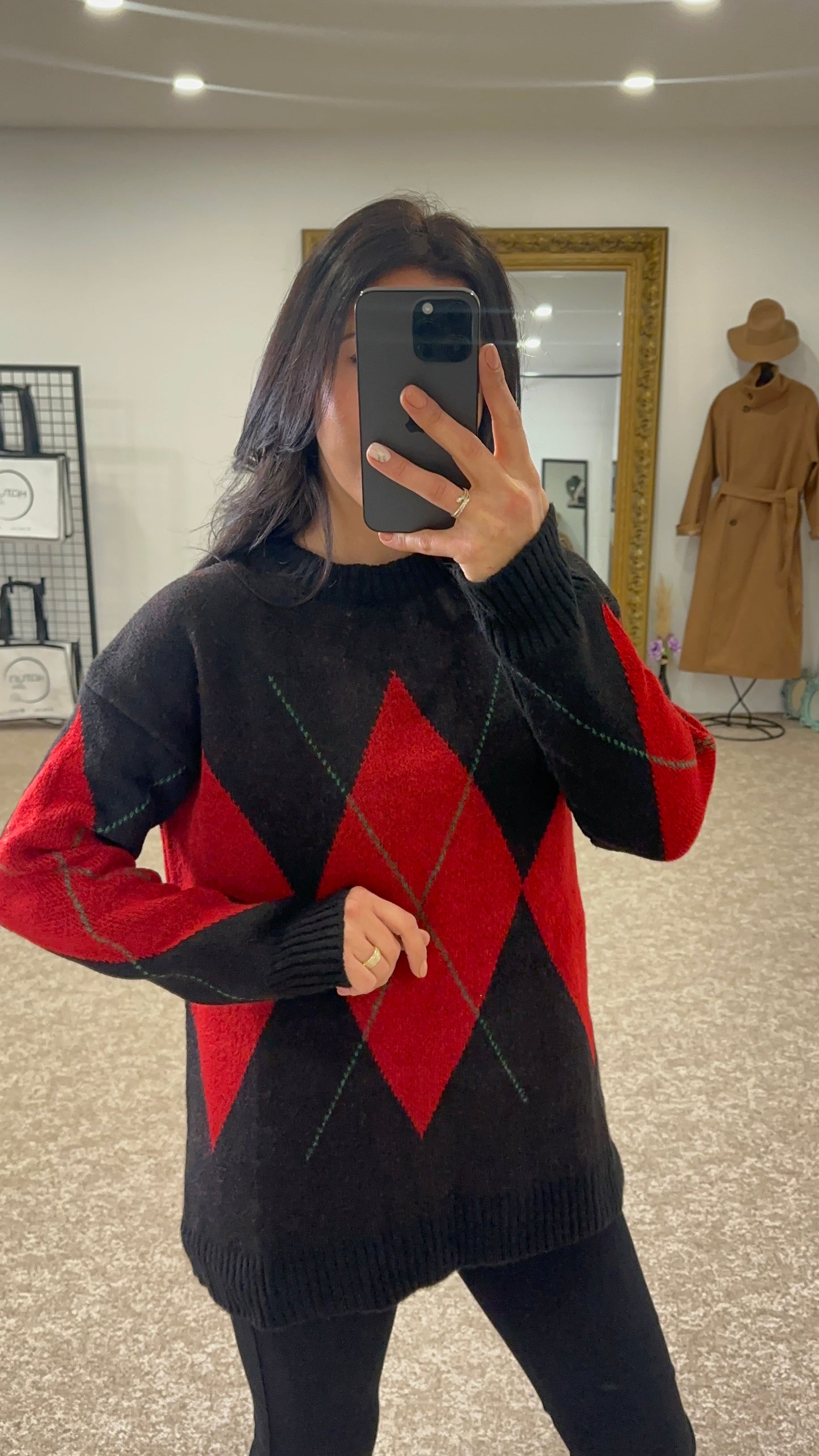 Argyle trui oversized - zwart en rood