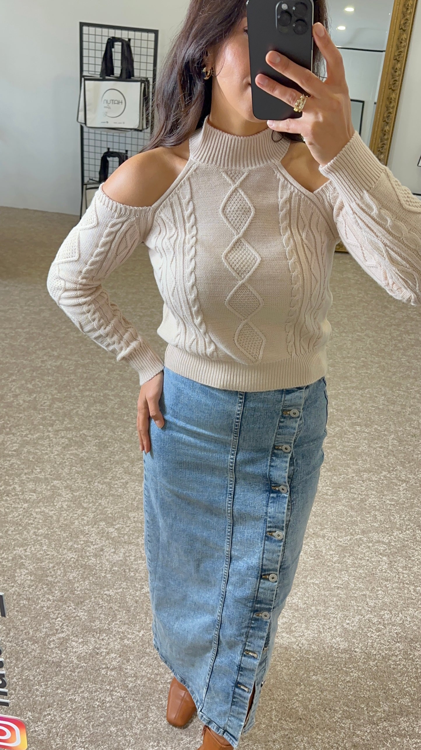 Off White Sweater With Bare Shoulders