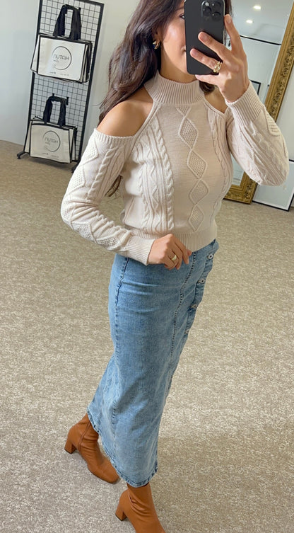 Off White Sweater With Bare Shoulders