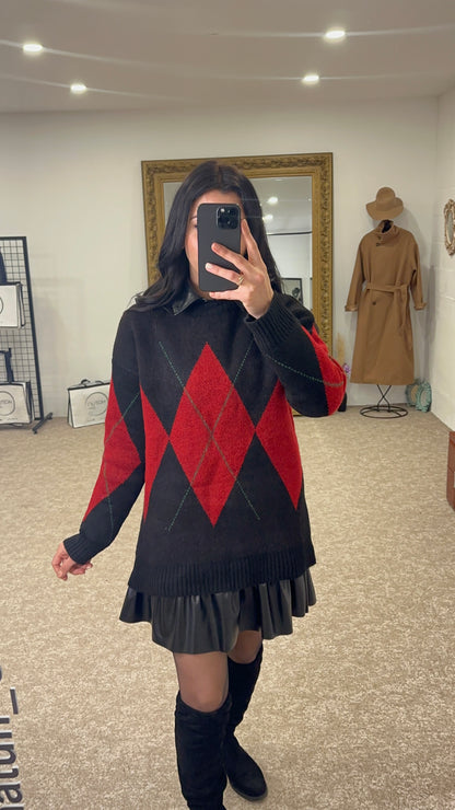 Argyle trui oversized - zwart en rood