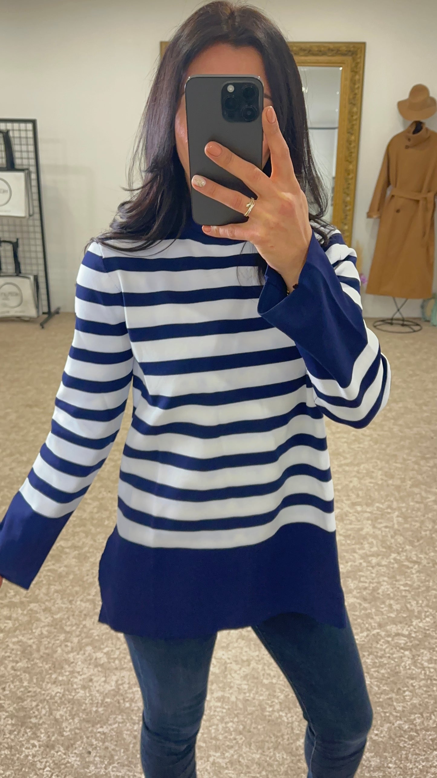 Striped knit sweater, Long sleeve- Navy Blue