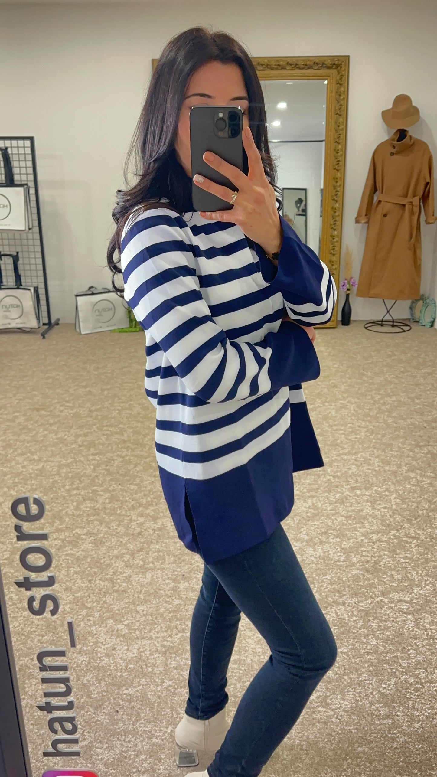 Striped knit sweater, Long sleeve- Navy Blue