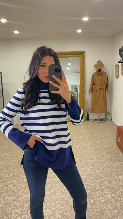 Striped knit sweater, Long sleeve- Navy Blue