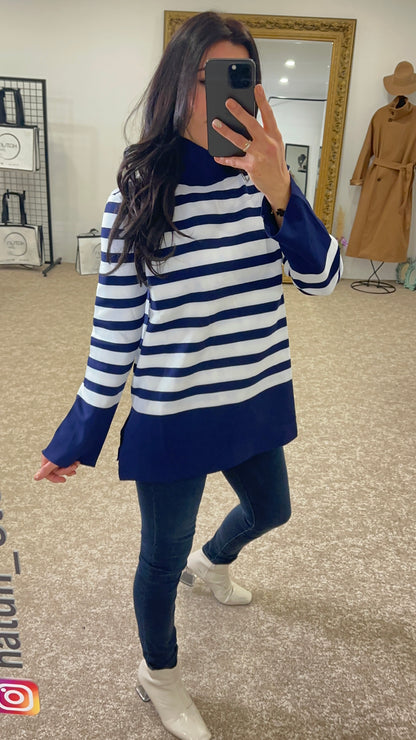 Striped knit sweater, Long sleeve- Navy Blue