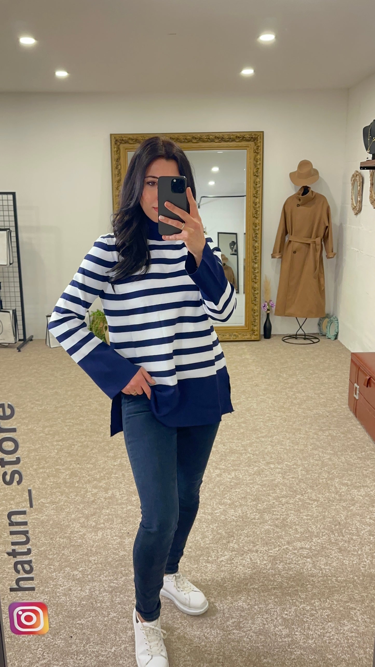 Striped knit sweater, Long sleeve- Navy Blue