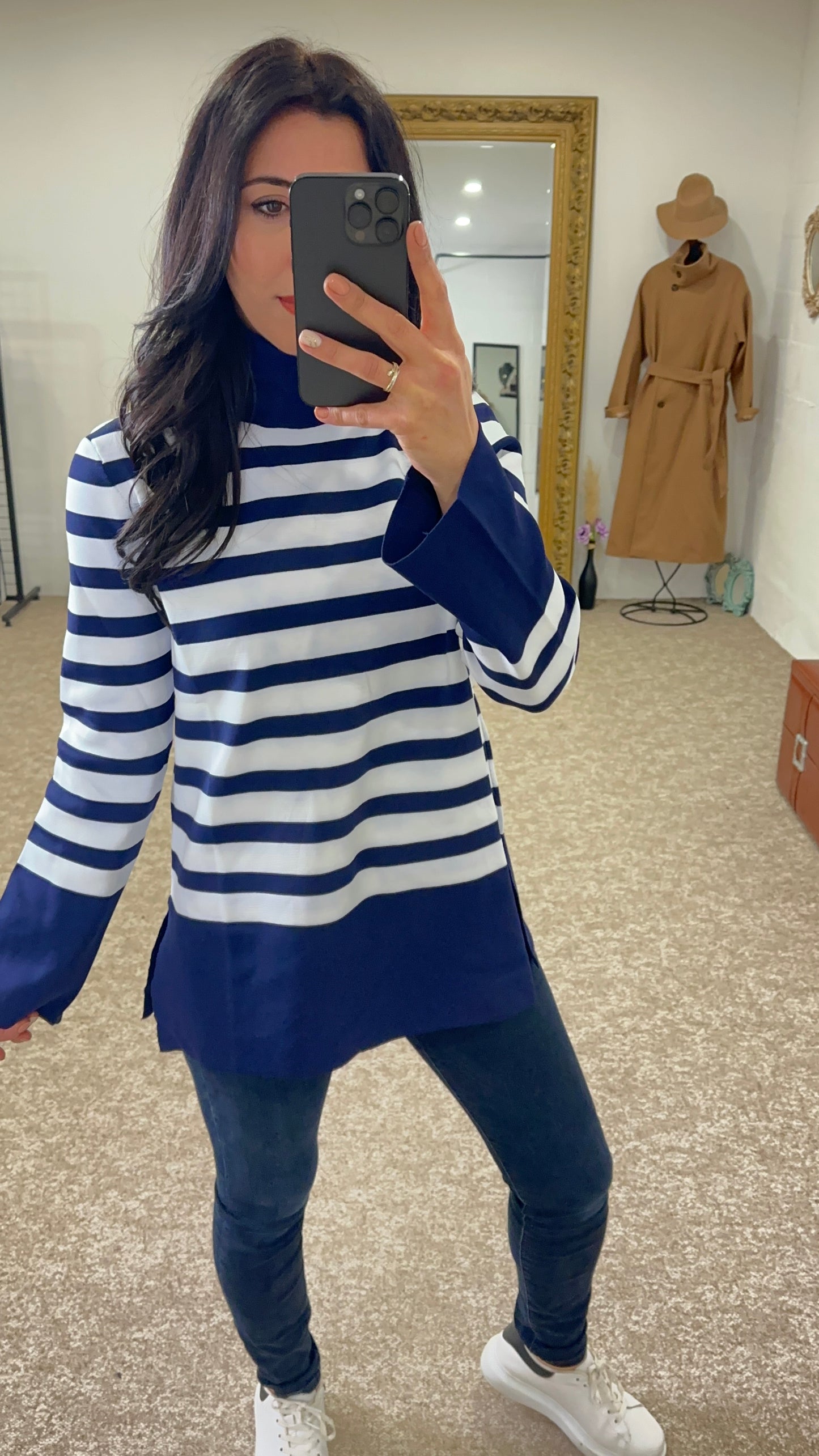 Striped knit sweater, Long sleeve- Navy Blue