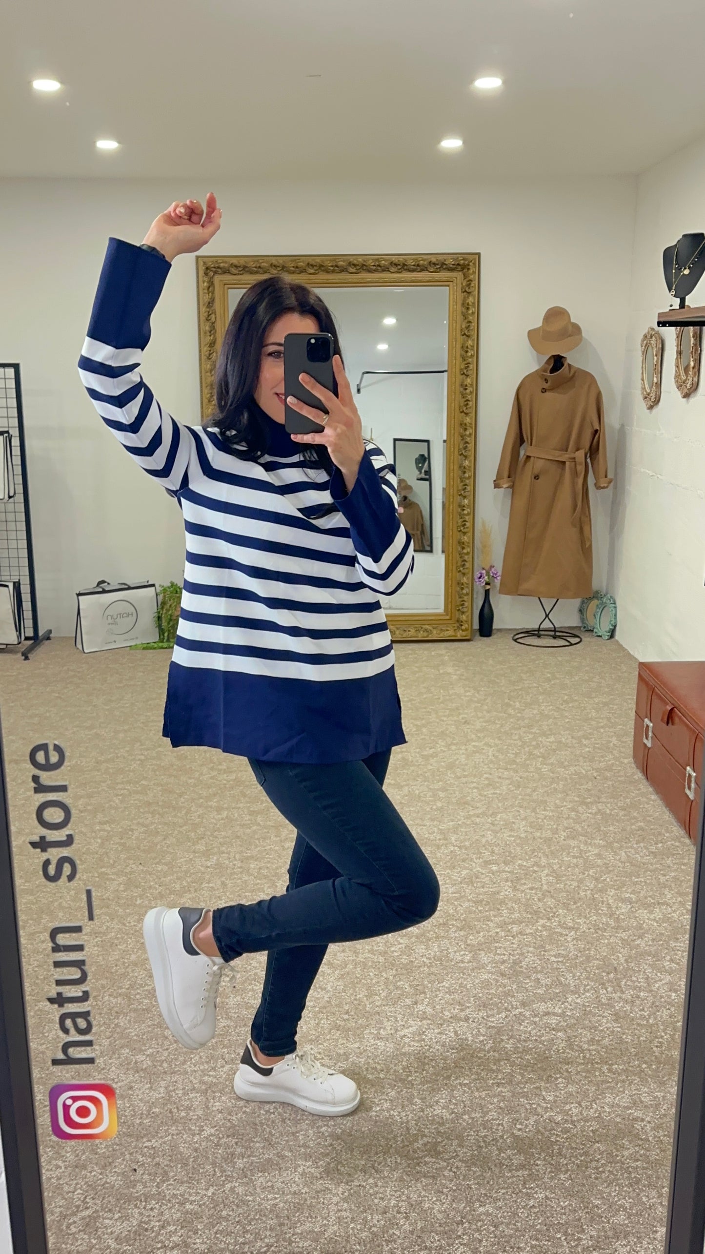 Striped knit sweater, Long sleeve- Navy Blue