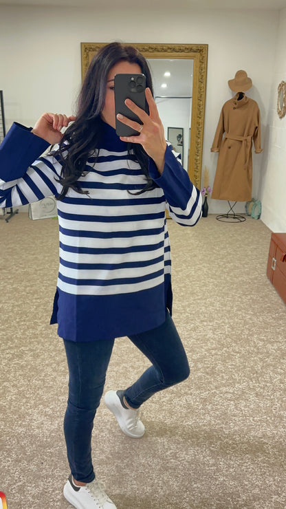 Striped knit sweater, Long sleeve- Navy Blue