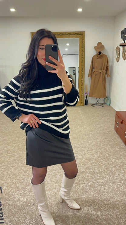 Black Turtleneck sweater, ecru stripes