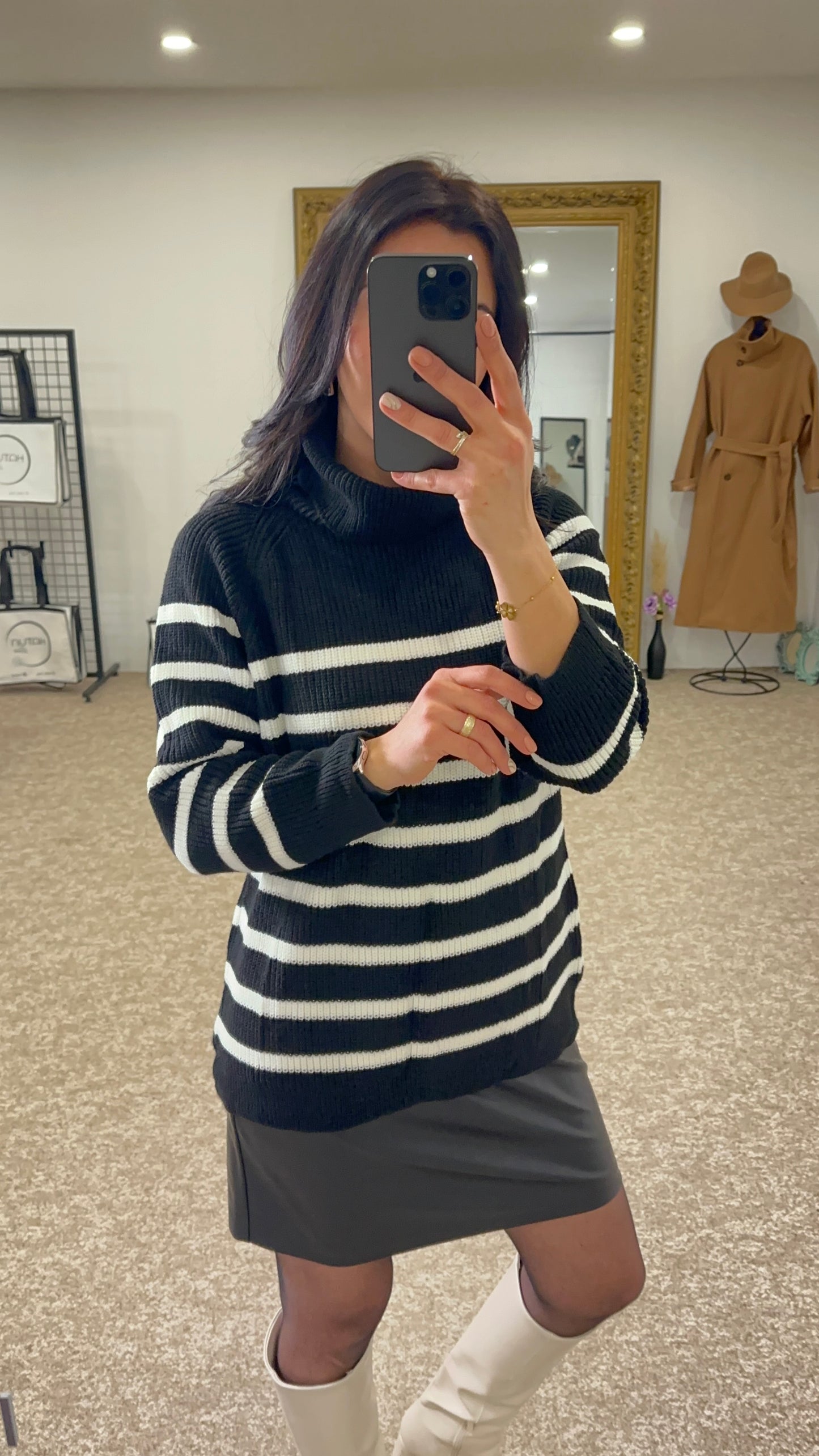 Black Turtleneck sweater, ecru stripes