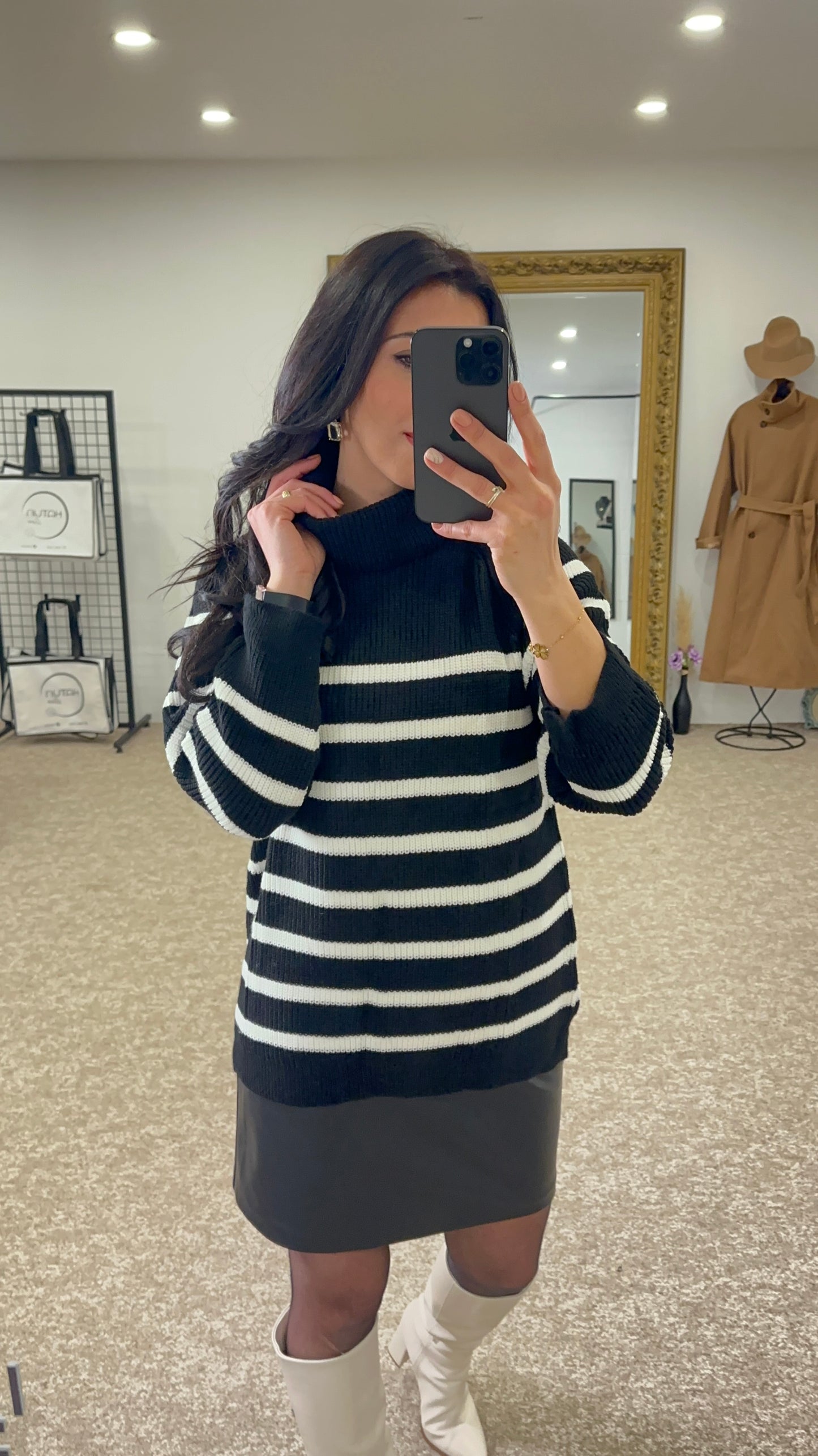 Black Turtleneck sweater, ecru stripes