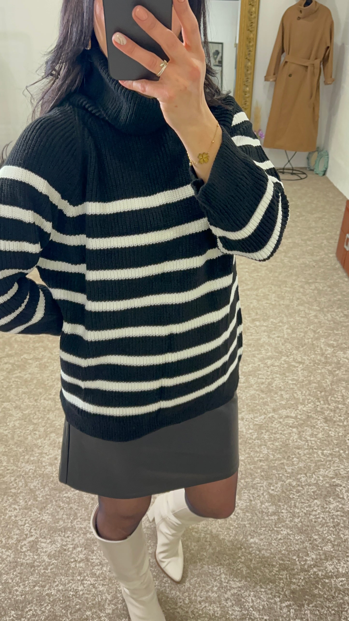 Black Turtleneck sweater, ecru stripes