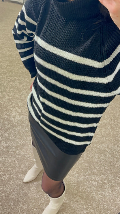 Black Turtleneck sweater, ecru stripes