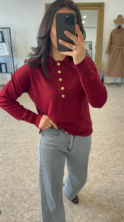 Polo neck sweater with gold button - Burgundy