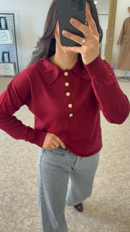 Polo neck sweater with gold button - Burgundy