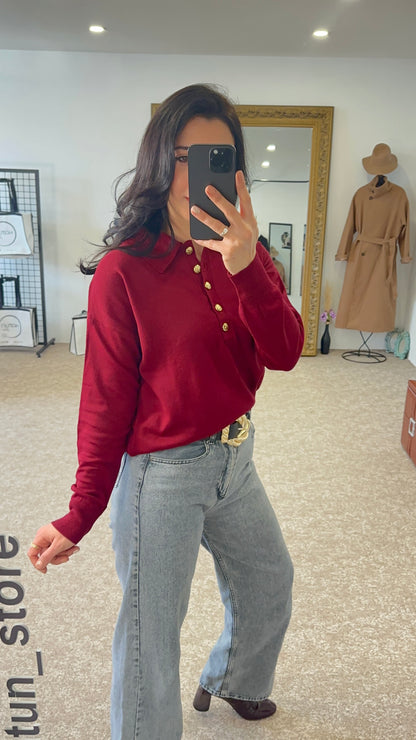 Polo neck sweater with gold button - Burgundy