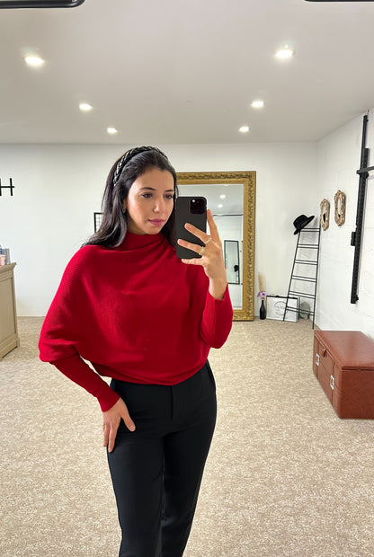 Batwing sleeve, knit sweater, solid color - Wine red