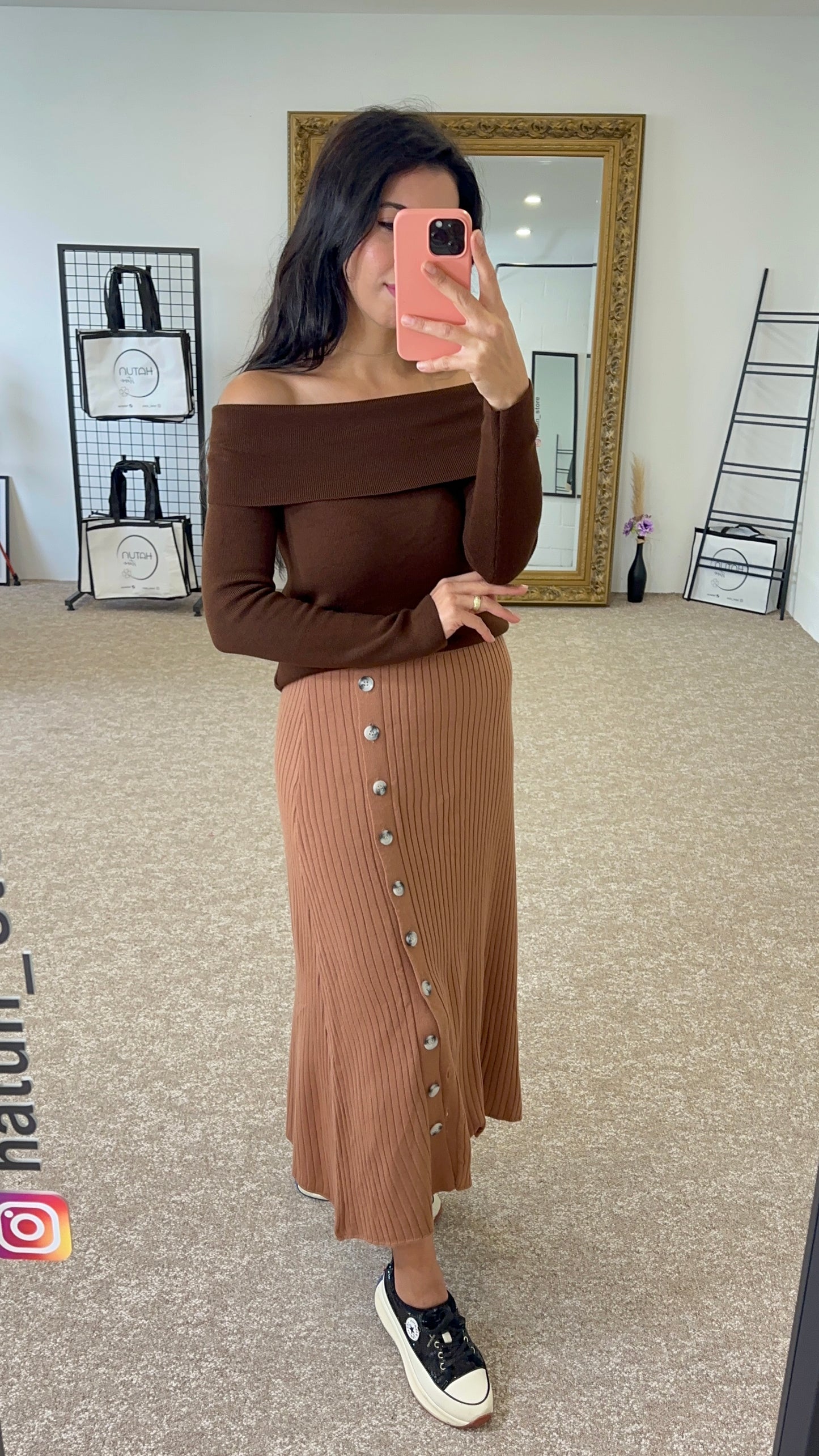 Ribbed Knits Brown Midi Skirt with Natural Shell Buttons