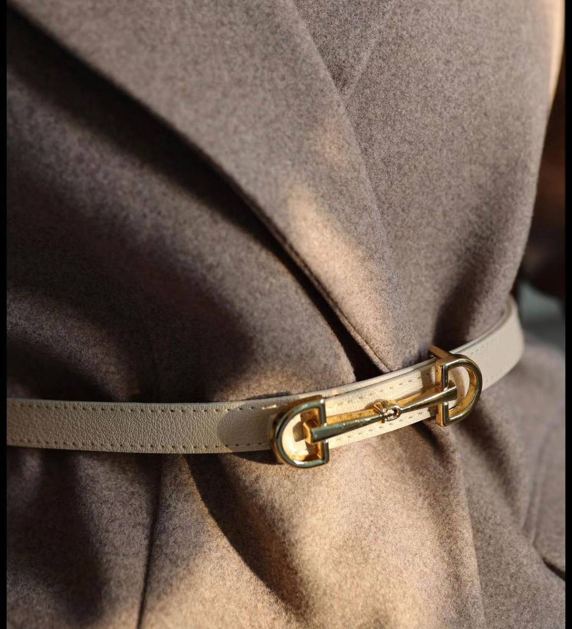 Beige Thin Belt with double long buckle