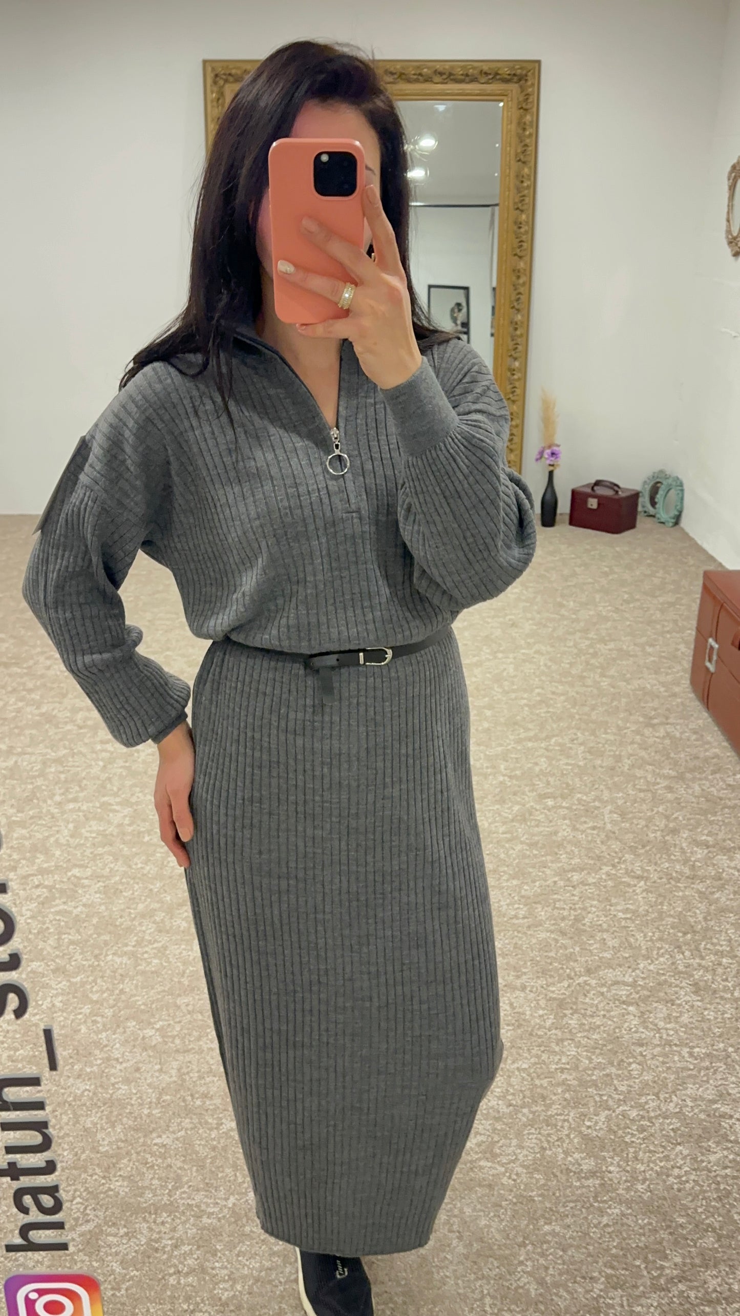 Knitwear Dress Zippered - Dark Gray