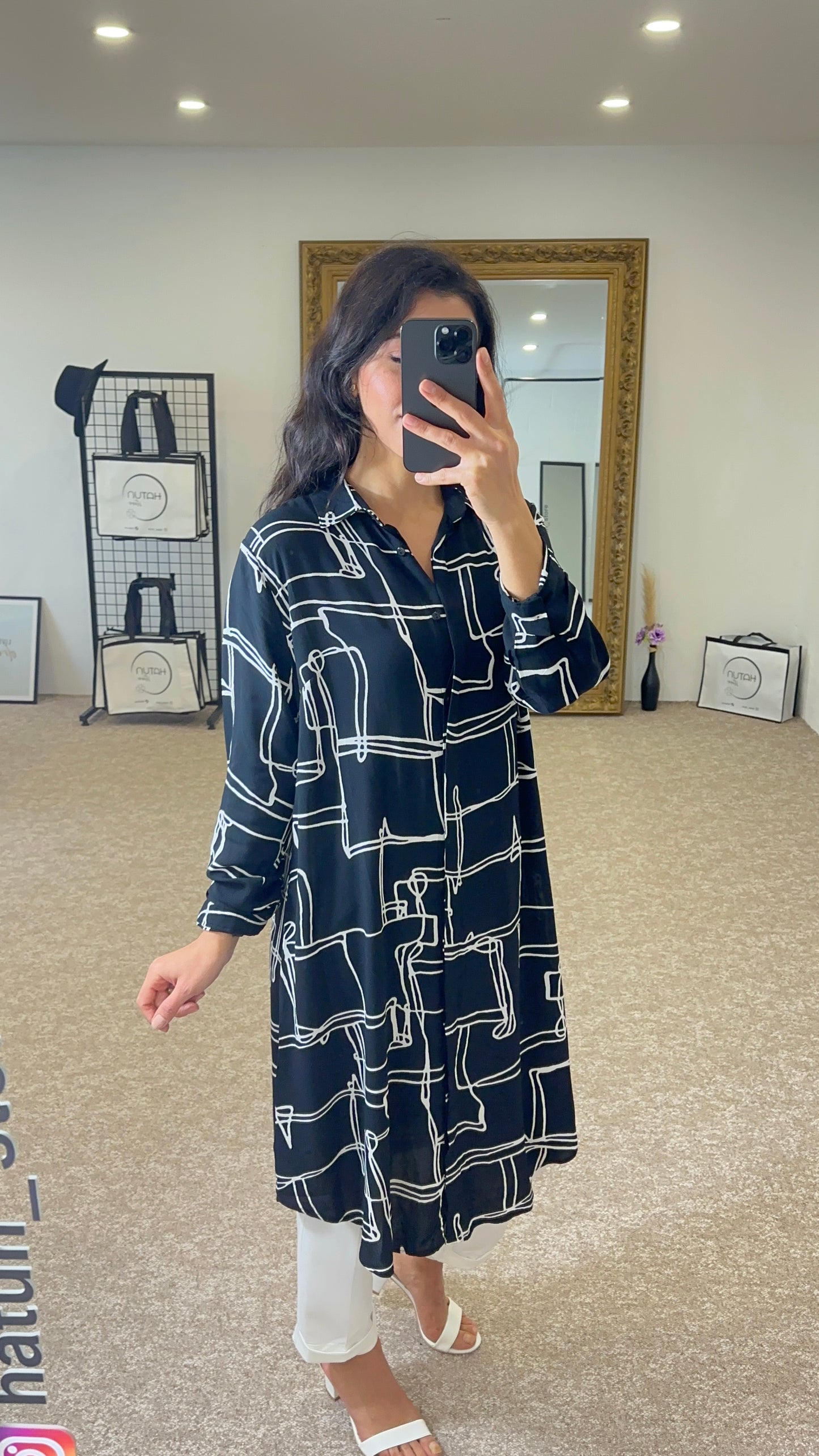 Black tunic shirt dress, white patterned