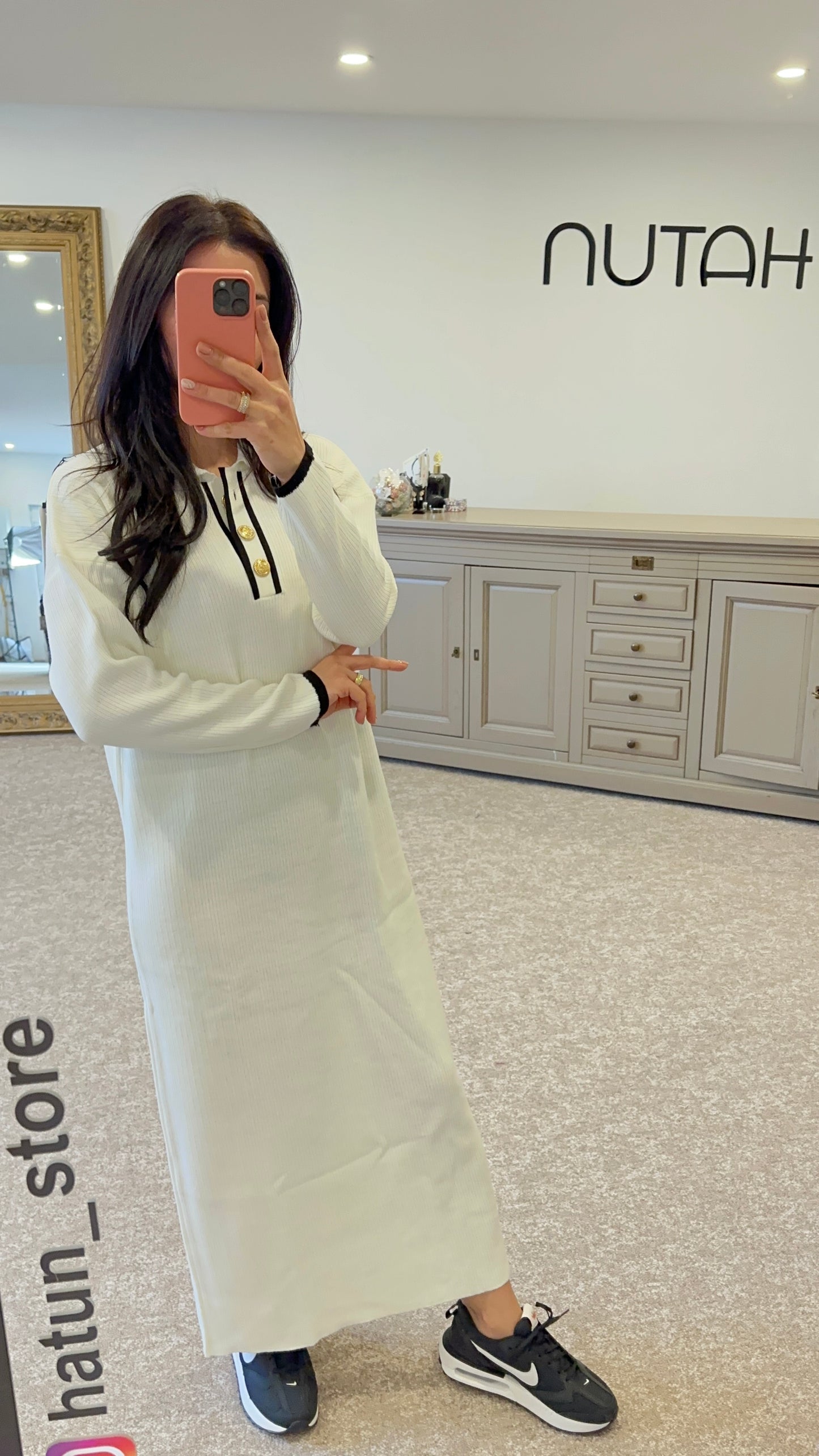 Polo neck long knit dress- Off White