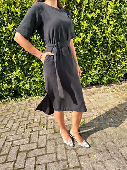 Allura Belted Black Maxi Dress with Pocket