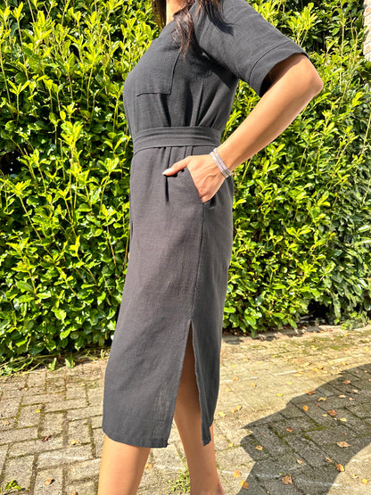 Allura Belted Black Maxi Dress with Pocket