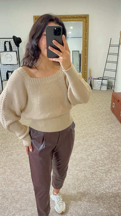 U- Neck Beige Sweater Off-Shoulder