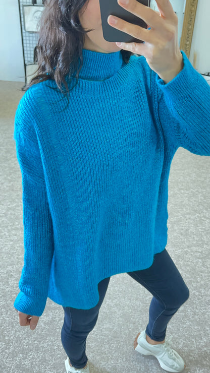 One Shoulder Cable Knit half Turtleneck Sweater - Blue