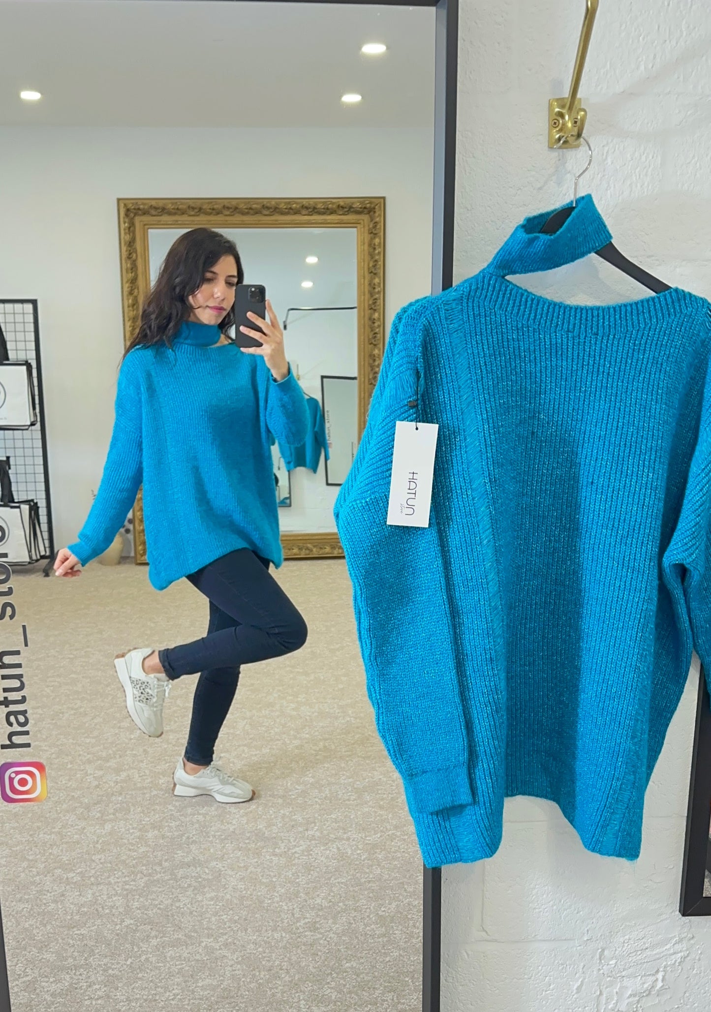 One Shoulder Cable Knit half Turtleneck Sweater - Blue