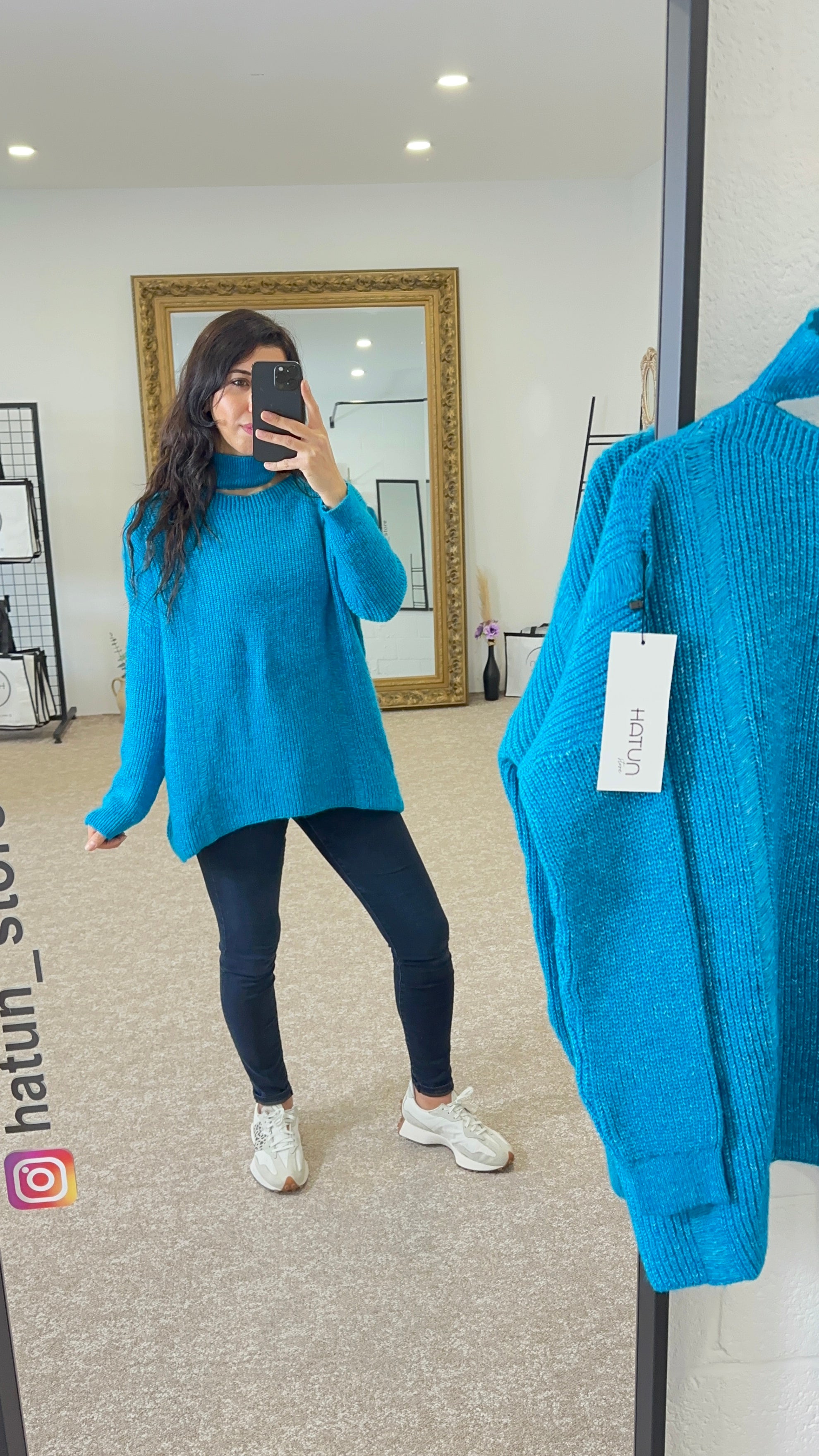 One Shoulder Cable Knit half Turtleneck Sweater Blue Hatun Store