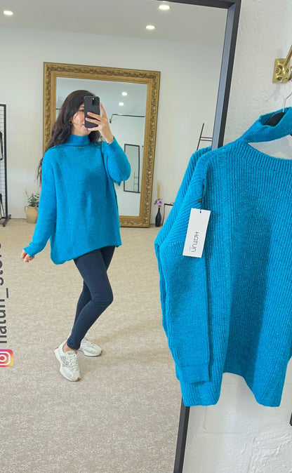 One Shoulder Cable Knit half Turtleneck Sweater - Blue