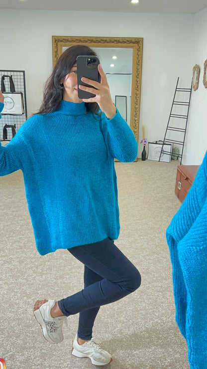 One Shoulder Cable Knit half Turtleneck Sweater - Blue