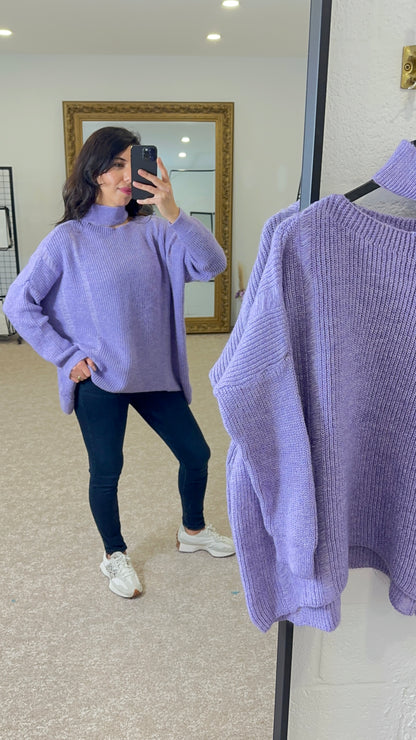 One Shoulder Cable Knit half Turtleneck Sweater - Lilac