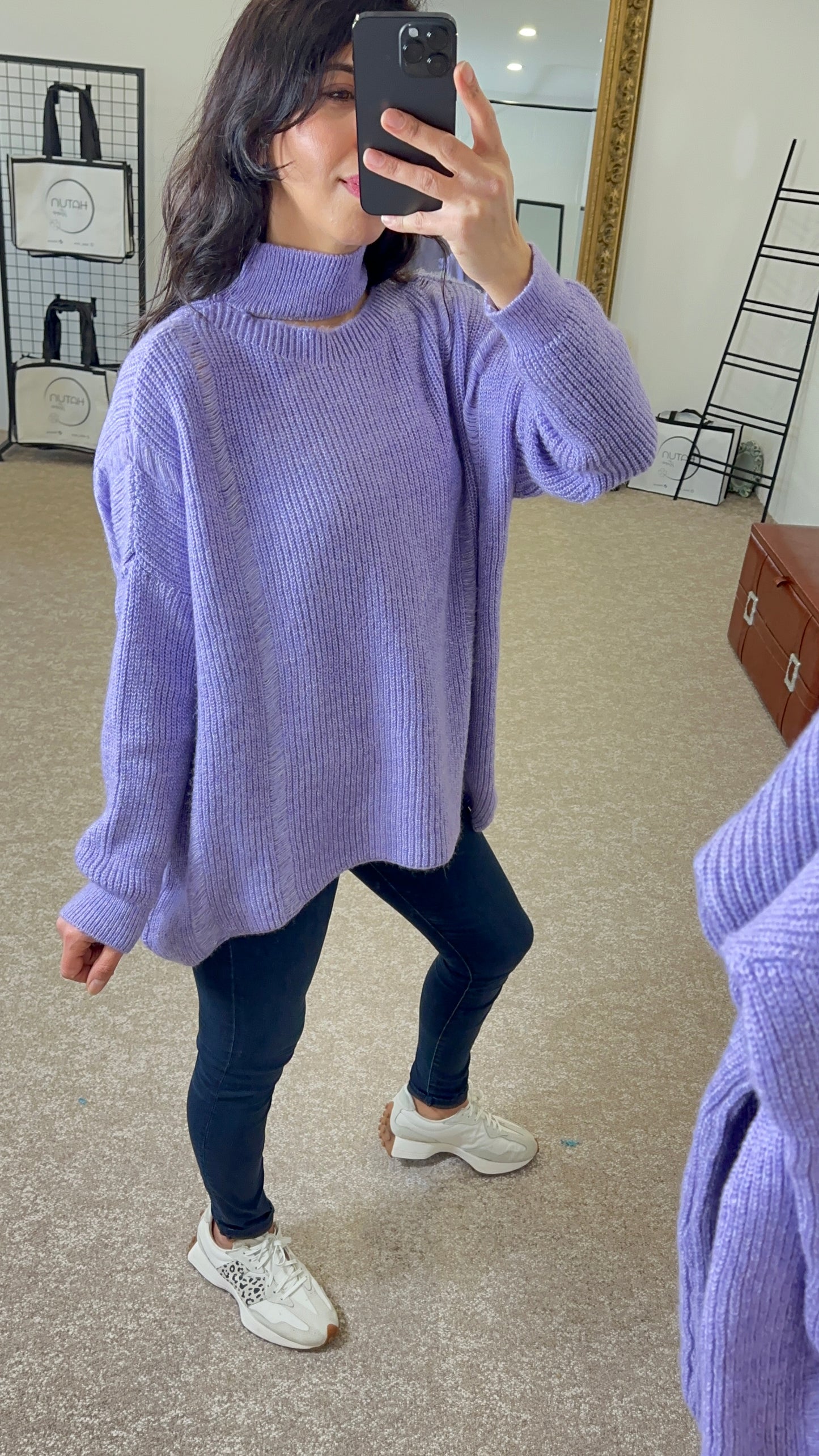 One Shoulder Cable Knit half Turtleneck Sweater - Lilac