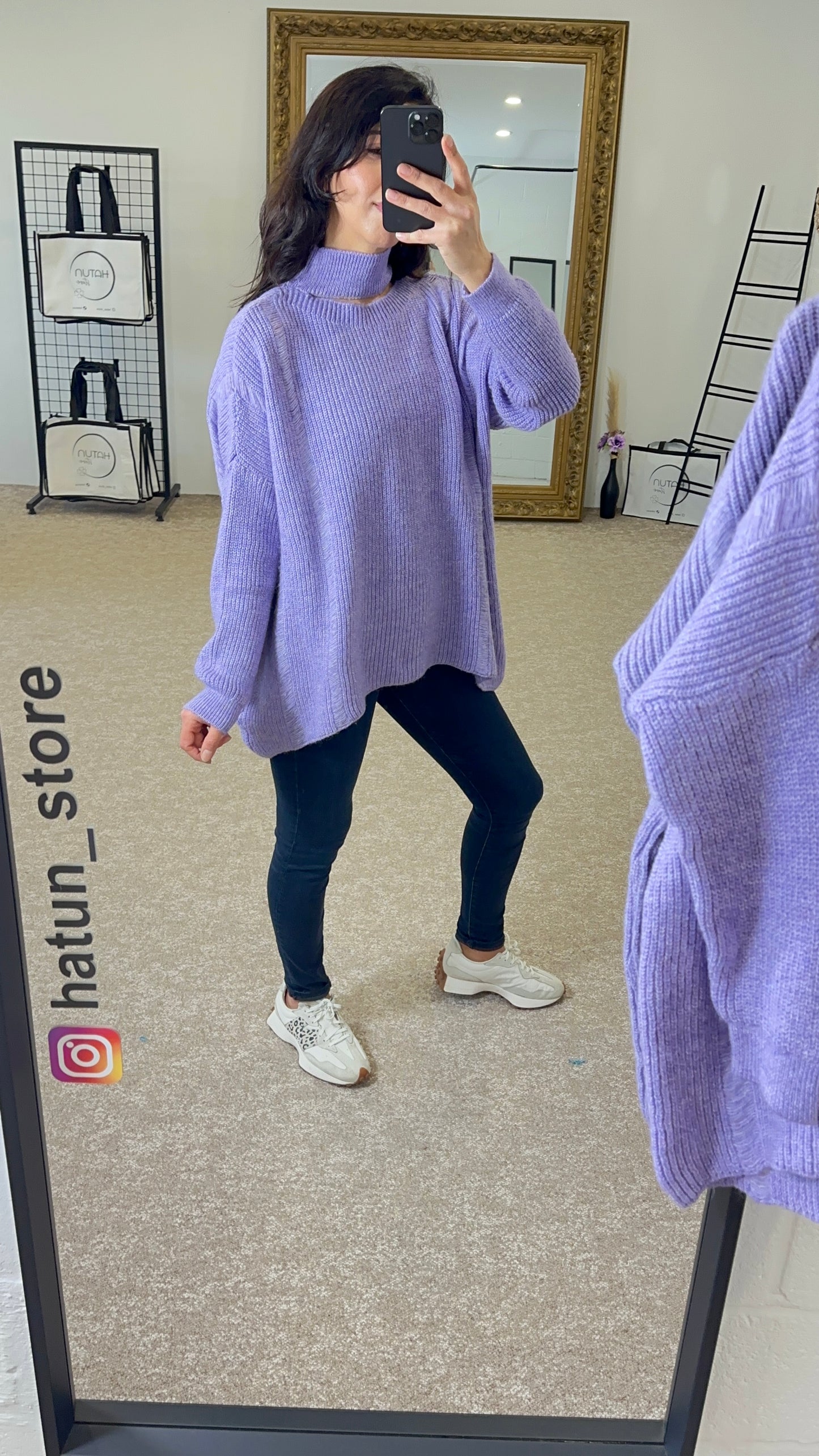 One Shoulder Cable Knit half Turtleneck Sweater - Lilac