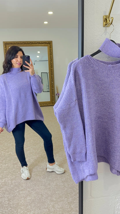 One Shoulder Cable Knit half Turtleneck Sweater - Lilac