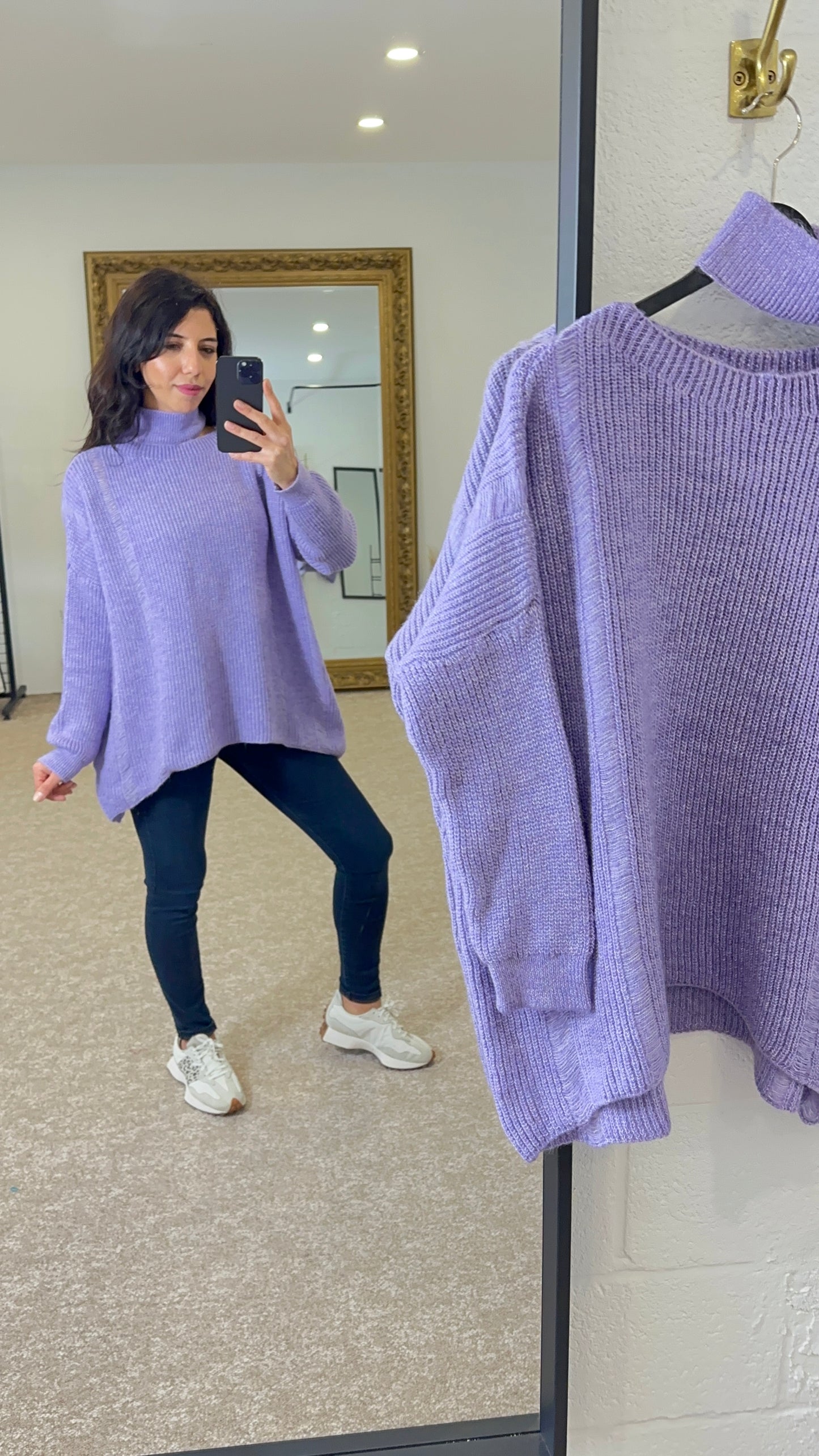 One Shoulder Cable Knit half Turtleneck Sweater - Lilac