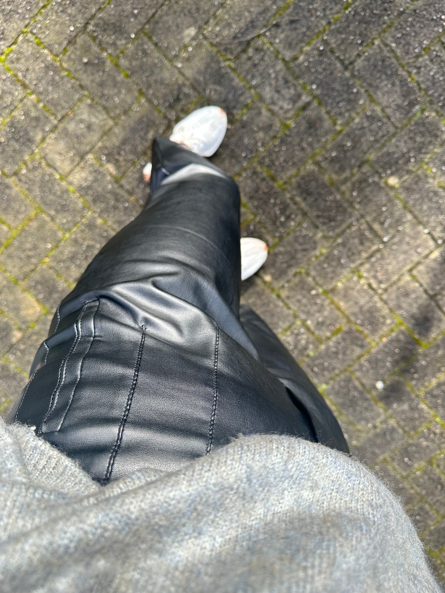 Leren broek met hoge taille - Zwart